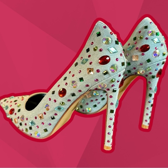NWT Azalea Wang ‘Camellia’ Pointed Toe Stiletto Pump in “Blue Denim” Jeweled 6 - Picture 8 of 16